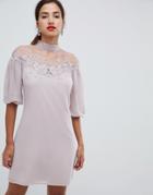Little Mistress Shift Mini Dress With Mesh Neckline And Embroidery Detail - Pink