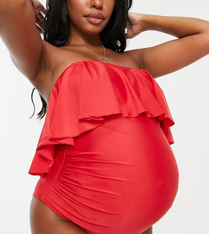 Peek & Beau Maternity Exclusive Frill Detail Swimsuit With Detachable Straps In Red