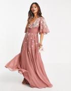 Asos Design Bridesmaid Flutter Sleeve Wrap Waist Maxi Dress With Tonal Floral Embroidery-pink