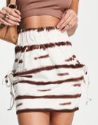 Asos Design Jersey Mini Skirt With Ruched Pocket Detail In Brown & White Tie Dye Print-multi