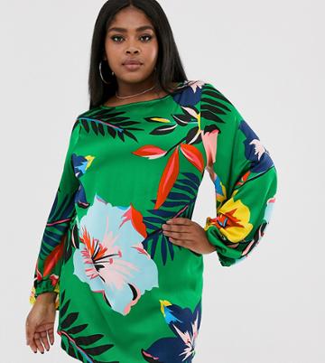 Liquorish Plus Kimono Mini Dress In Overscaled Green Floral - Green