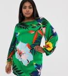 Liquorish Plus Kimono Mini Dress In Overscaled Green Floral - Green