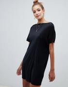 Asos Design Slash Neck T-shirt Dress In Plisse - Black
