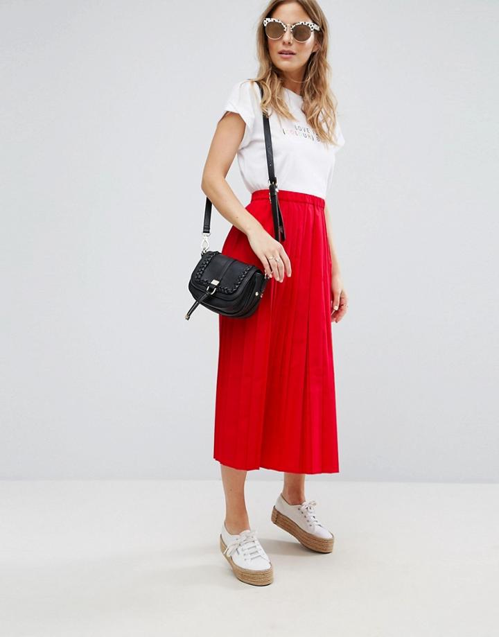 Asos Pleated Midi Skirt In Cotton - Red
