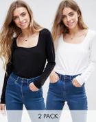 Asos T-shirt With Square Neck And Long Sleeve 2 Pack - Multi