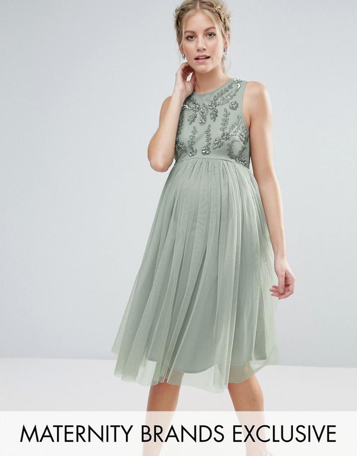 Maya Maternity Sleeveless Embellished Bodice Midi Dress With Tulle Skirt - Green