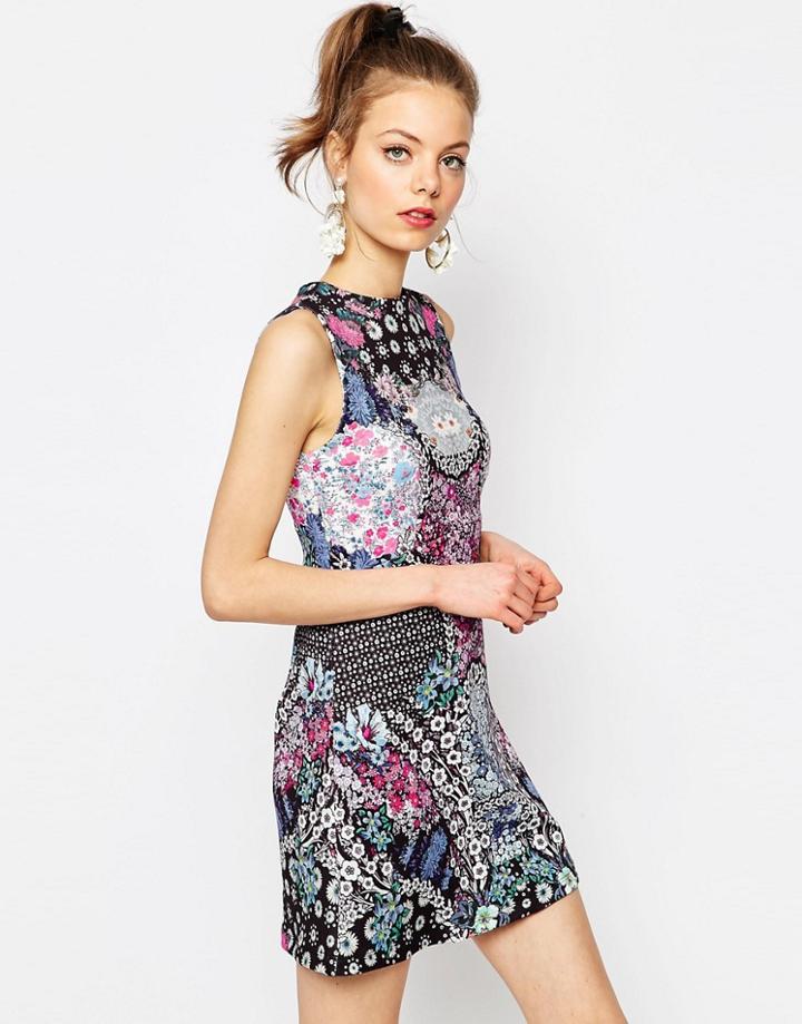 Asos Digital Floral Skater Dress In Scuba - Multi