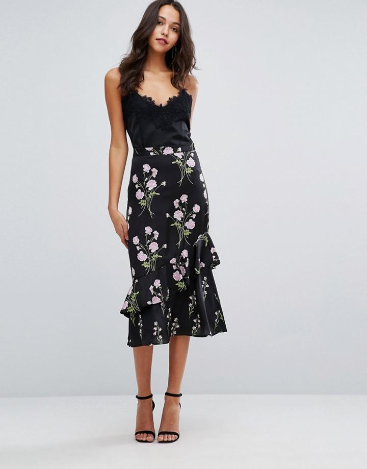 Warehouse Floral Printed Ruffle Midi Skirt - Black