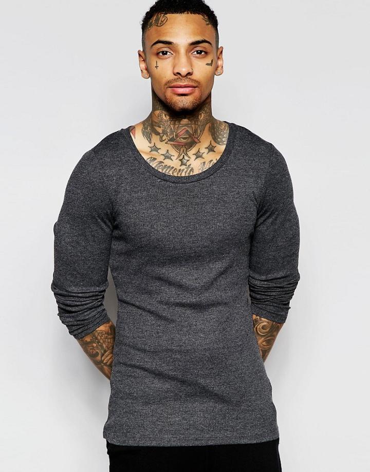 Asos Rib Extreme Muscle Long Sleeve T-shirt With Scoop Neck In Charcoal - Charcoal