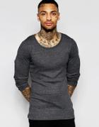 Asos Rib Extreme Muscle Long Sleeve T-shirt With Scoop Neck In Charcoal - Charcoal