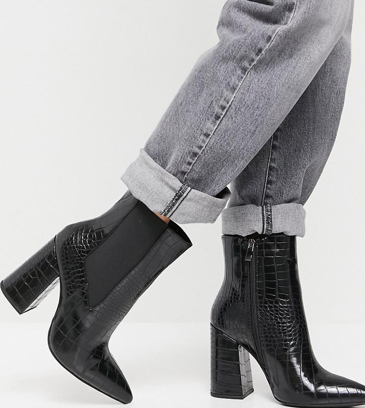 Simmi London Wide Fit Block Heel Ankle Boots In Black Croc