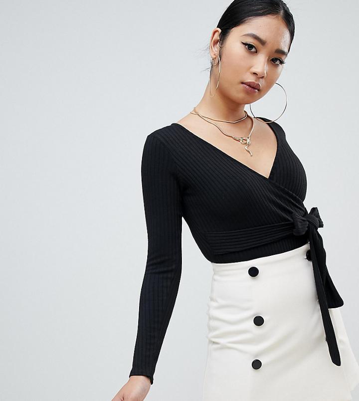 Boohoo Petite Ribbed Tie Wrap Front Body In Black - Black