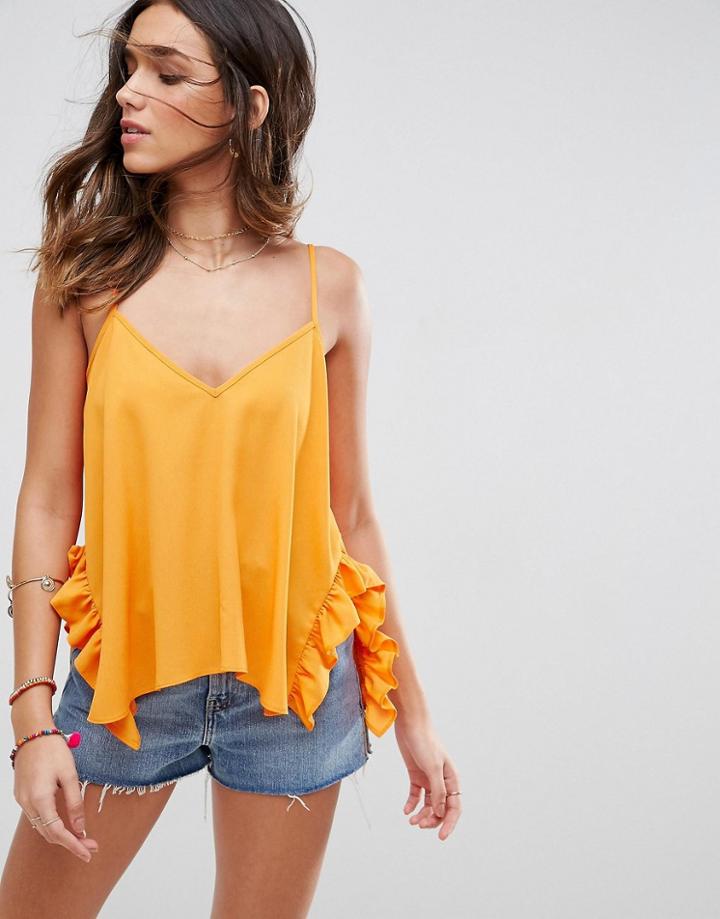 Asos Crinkle Cami With Ruffle Hem - Yellow