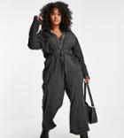 Asos Design Curve Drawstring V Neck Collar Jumpsuit In Acid Wash-multi