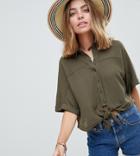 Asos Petite Tie Front Shirt In Crinkle - Green