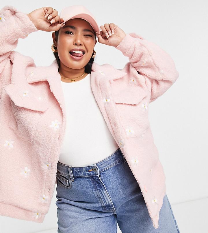 Heartbreak Plus Borg Jacket With Flower Embroidery In Pink