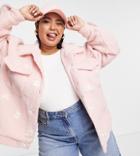 Heartbreak Plus Borg Jacket With Flower Embroidery In Pink