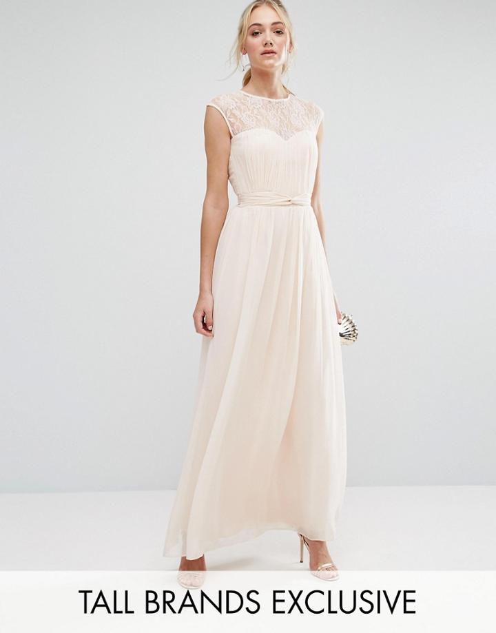 Little Mistress Tall Scallop Lace Top Pleated Maxi Dress - Beige