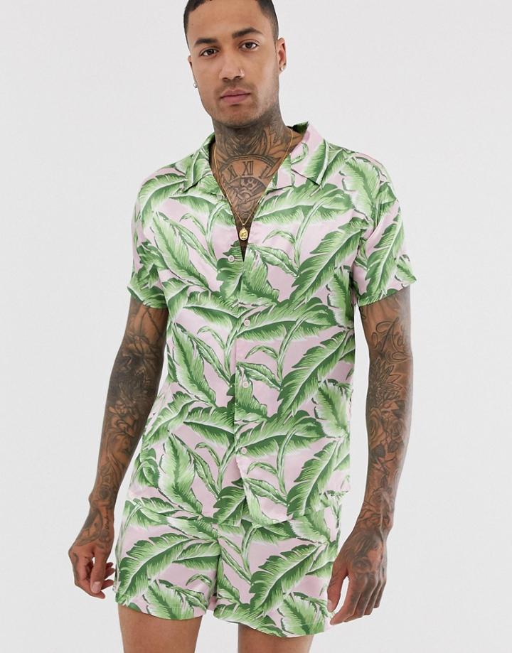 Urban Threads Satin Revere Collar Shirt In Palm Print-pink