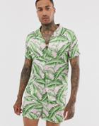 Urban Threads Satin Revere Collar Shirt In Palm Print-pink