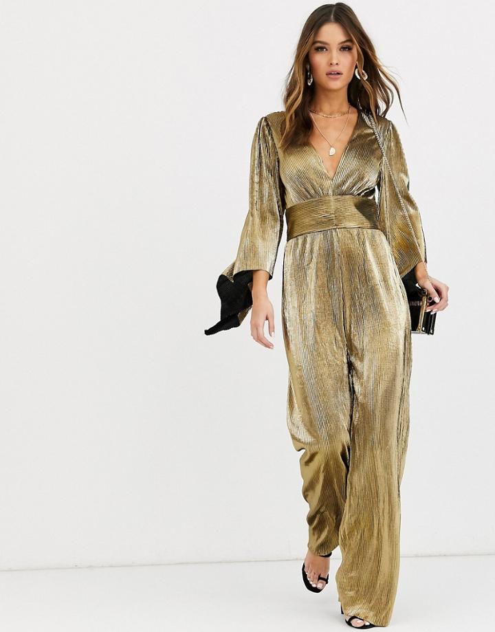 Tfnc Deep Plunge Pleated Foiled Jumpsuit In Gold