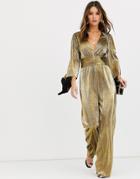 Tfnc Deep Plunge Pleated Foiled Jumpsuit In Gold