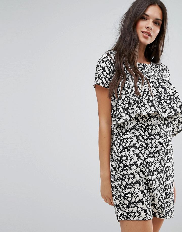 Daisy Street Star Print Shift Dress With Front Frill - Black