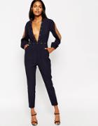 Asos Plunge Jumpsuit With Stud Detail - Navy