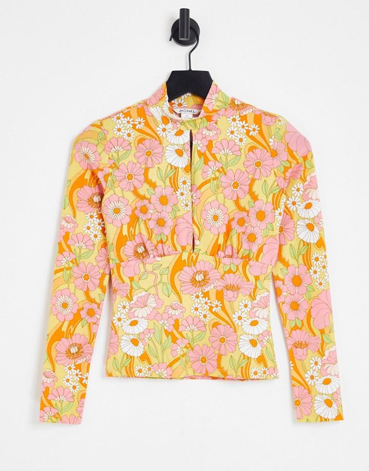 Monki Cut Out Long Sleeve Top In Retro Floral-multi