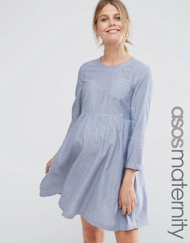 Asos Maternity Long Sleeve Chambray Smock Dress - Blue