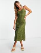 Topshop Lace Flared Midi Jersey Dress In Khaki-green