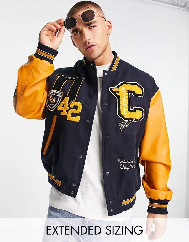Asos Design Oversized Wool Look Varsity Bomber Jacket With Contrast Leather Look Sleeves In Navy