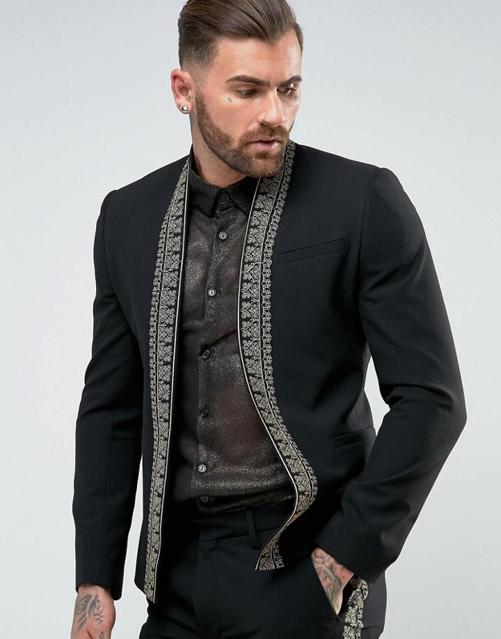 Asos Skinny Blazer In Black With Gold Brocade Trim - Black