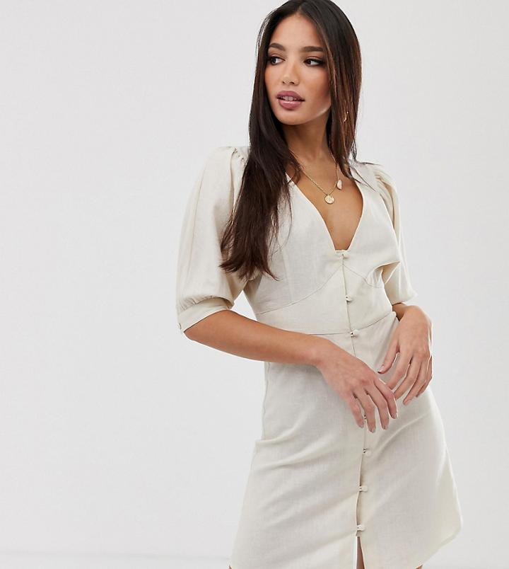Asos Design Tall Casual Button Through Mini Skater Dress With Puff Sleeve - Cream
