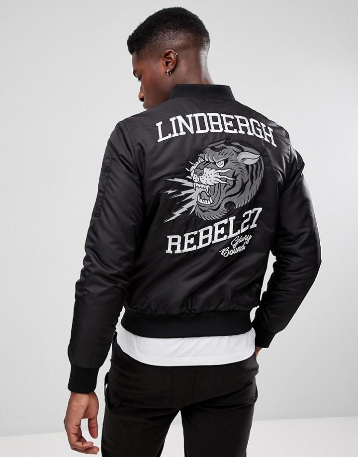 Lindbergh Embroidered Bomber Jacket In Black - Green