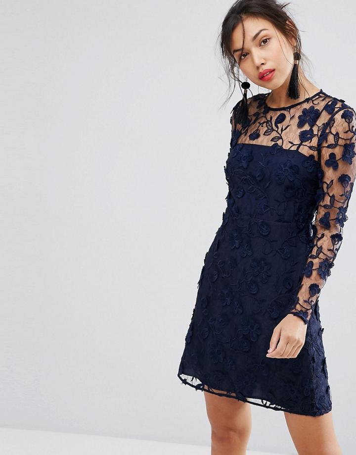 Warehouse Premium Embroidered Shift Dress - Navy