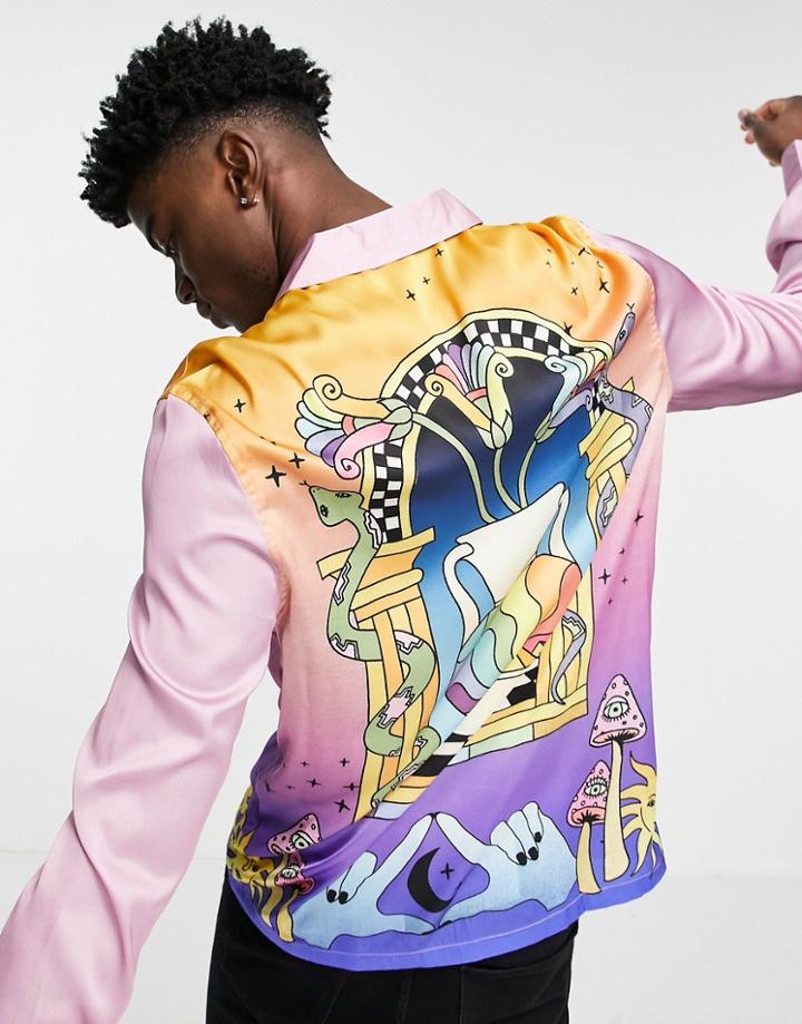 Asos Design Regular Satin Shirt With Psychedelic Hem And Back Print-purple