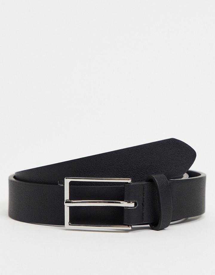 Asos Design Slim Belt In Black Faux Leather With Silver Buckle