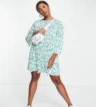 Asos Design Curve Plisse Mini Smock Dress In Green Ditsy Floral Print