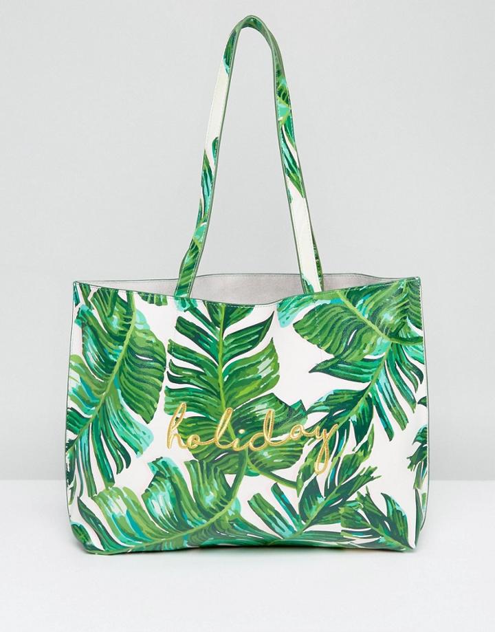 Skinnydip Palm Print Tote Bag With Vacation Embroidery - Green