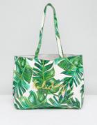 Skinnydip Palm Print Tote Bag With Vacation Embroidery - Green