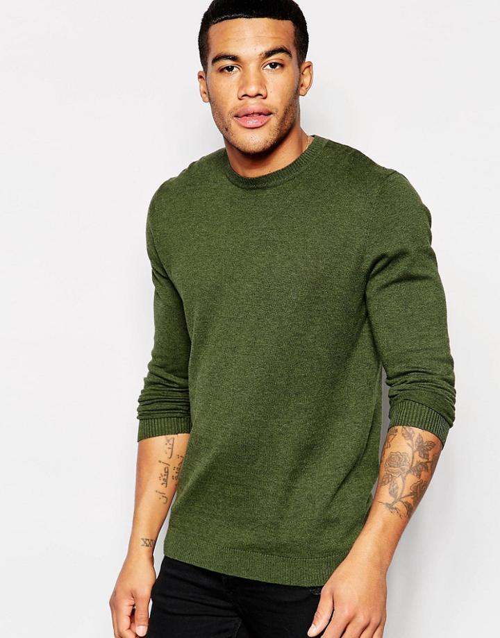 Asos Crew Neck Sweater In Khaki Cotton - Khaki Gre