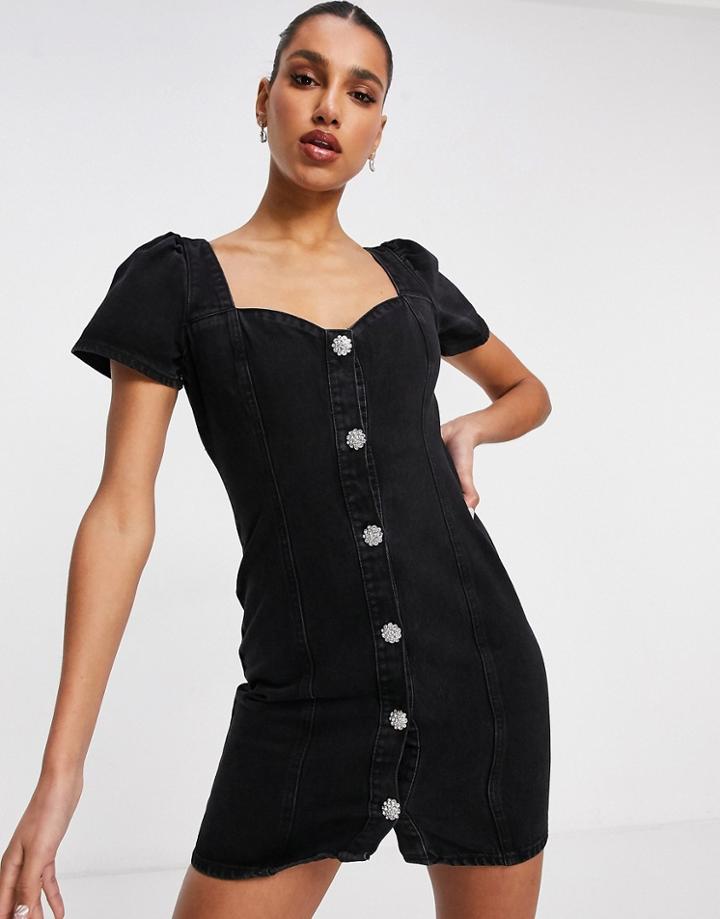Asos Design Denim Crystal Button Dress In Washed Black