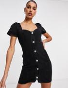 Asos Design Denim Crystal Button Dress In Washed Black