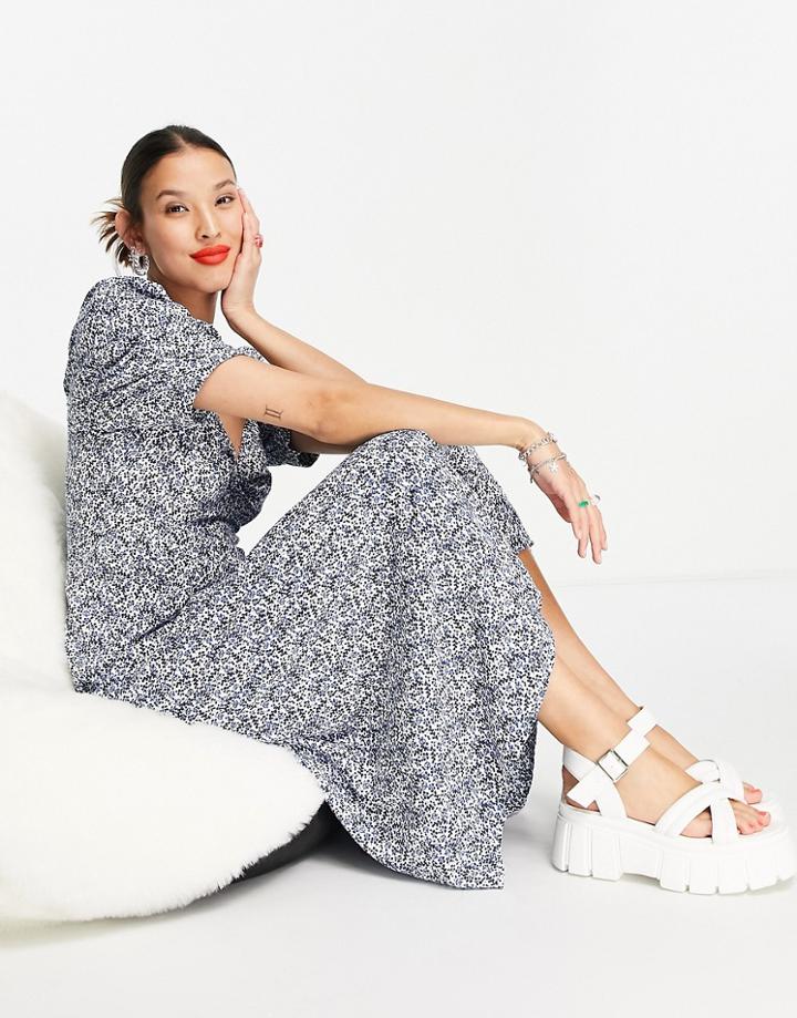 Only Midi Tea Dress In Blue And White Floral Print