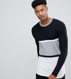 Asos Design Tall Muscle Fit Longline Long Sleeve T-shirt With Curved Hem In Monochrome Color Block - Black