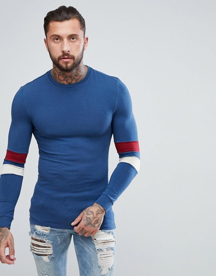 Asos Muscle Fit Long Sleeve T-shirt With Contrast Sleeve Panels - Multi