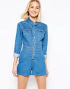 Asos Denim Fitted Western Romper In Mid Wash Blue - Mid Wash Blue