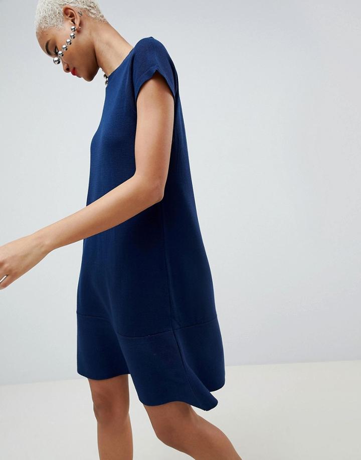 Asos Design Knitted Dress With Frill Hem And Short Sleeve - Navy