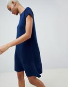 Asos Design Knitted Dress With Frill Hem And Short Sleeve - Navy